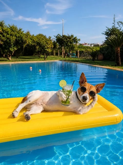 Lola, la perra de La Calderona, con gafas de sol sobre una colchoneta amarilla en la piscina